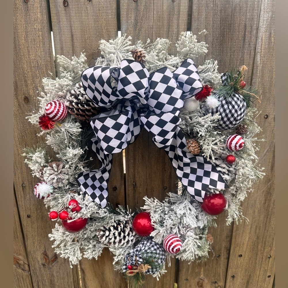 Handmade flocked Black and White Checkered Holiday Wreath 20"